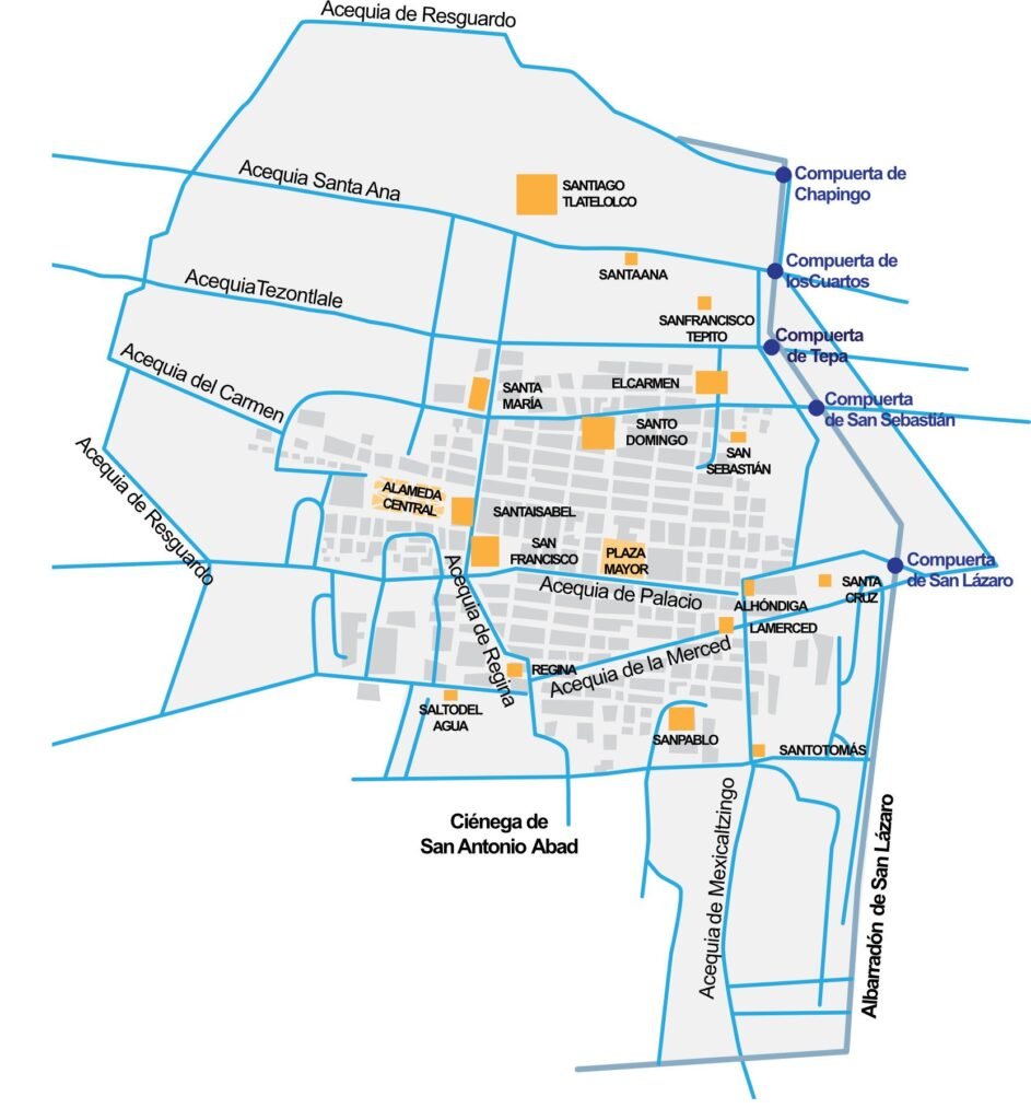 Mapa con las acequias o canales de la Ciudad de México